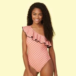 Summersalt One-Shoulder Ruffle Pink Polka Dot Sidestroke Swimsuit Size 4 Small